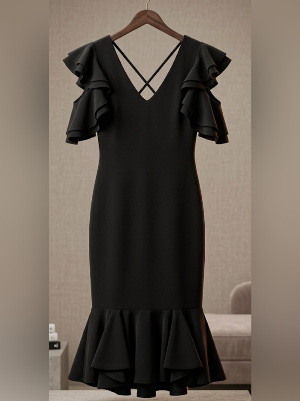 Black Ruffle Sleeve V-Neck Midi Dress - Picture 1 of 4